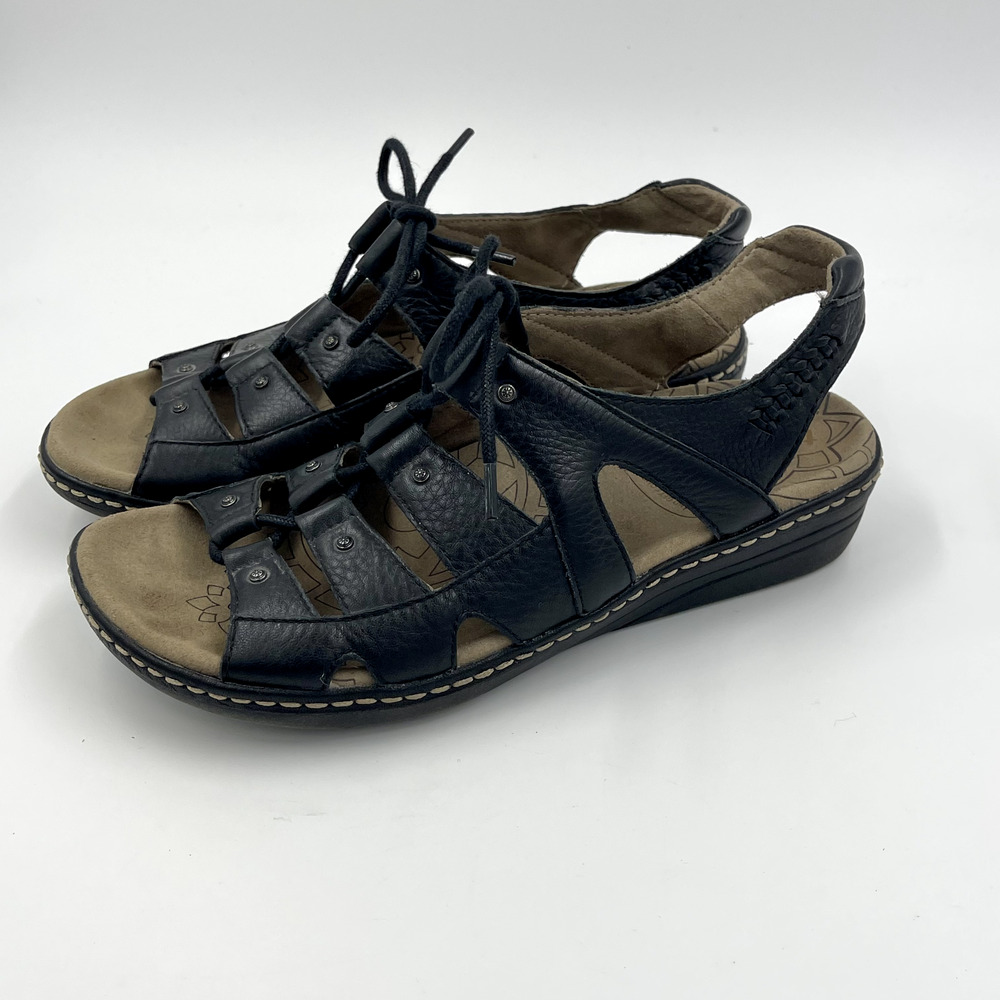 Taos Sandals Women 7 Black Ghilbert Leather Comfort Lace Up Outdoor Active Wedge